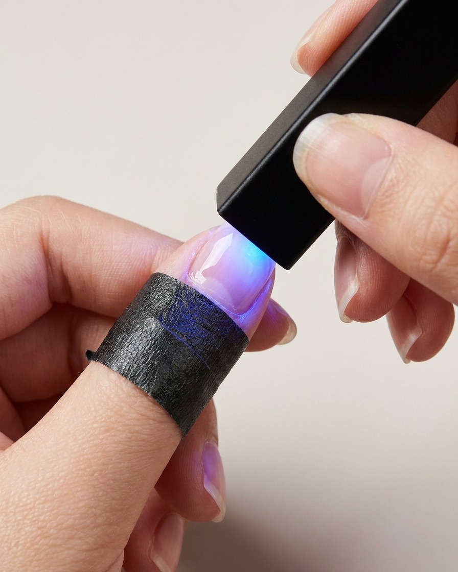 작은 블랙 직사각형 UV/LED 램프로 손톱의 젤 레이어를 큐어링하는 모습.