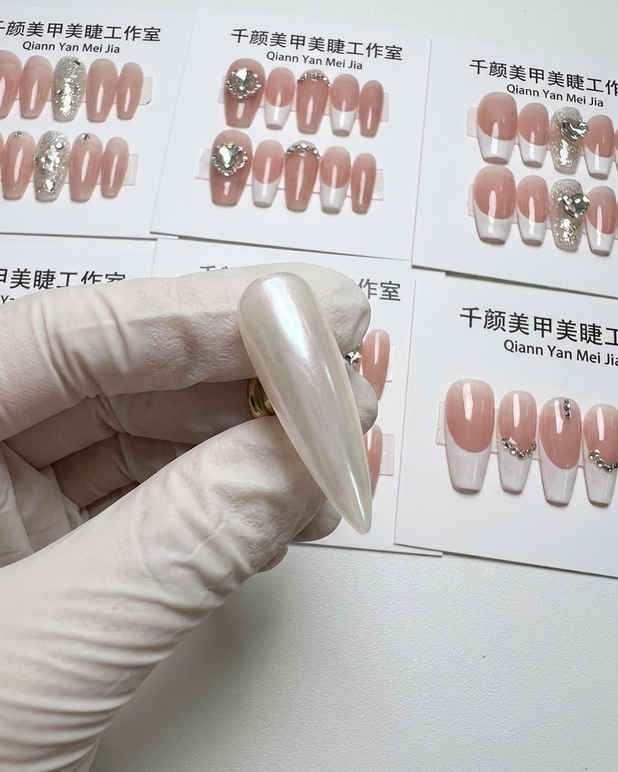 장갑을 낀 손에 들린 길고 가느다란 네일 팁의 큐티클 부분에서 시작되는 화이트 그라데이션 근접 사진.