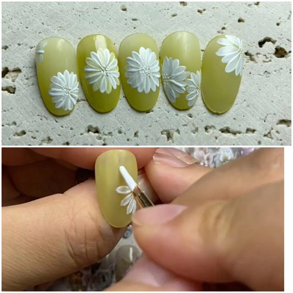 데이지 디자인이 그려진 손을 전문 UV/LED 램프에 넣는 모습.