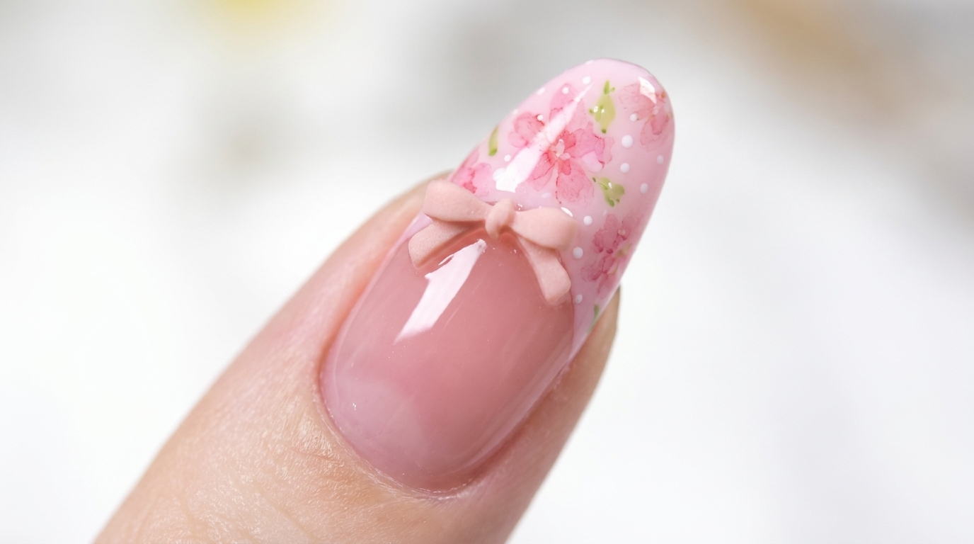 은은한 블러시 베이스와 파스텔 핑크 프렌치 팁, 수채화 벚꽃 아트와 3D 리본 장식이 더해진 아몬드 쉐입 네일.