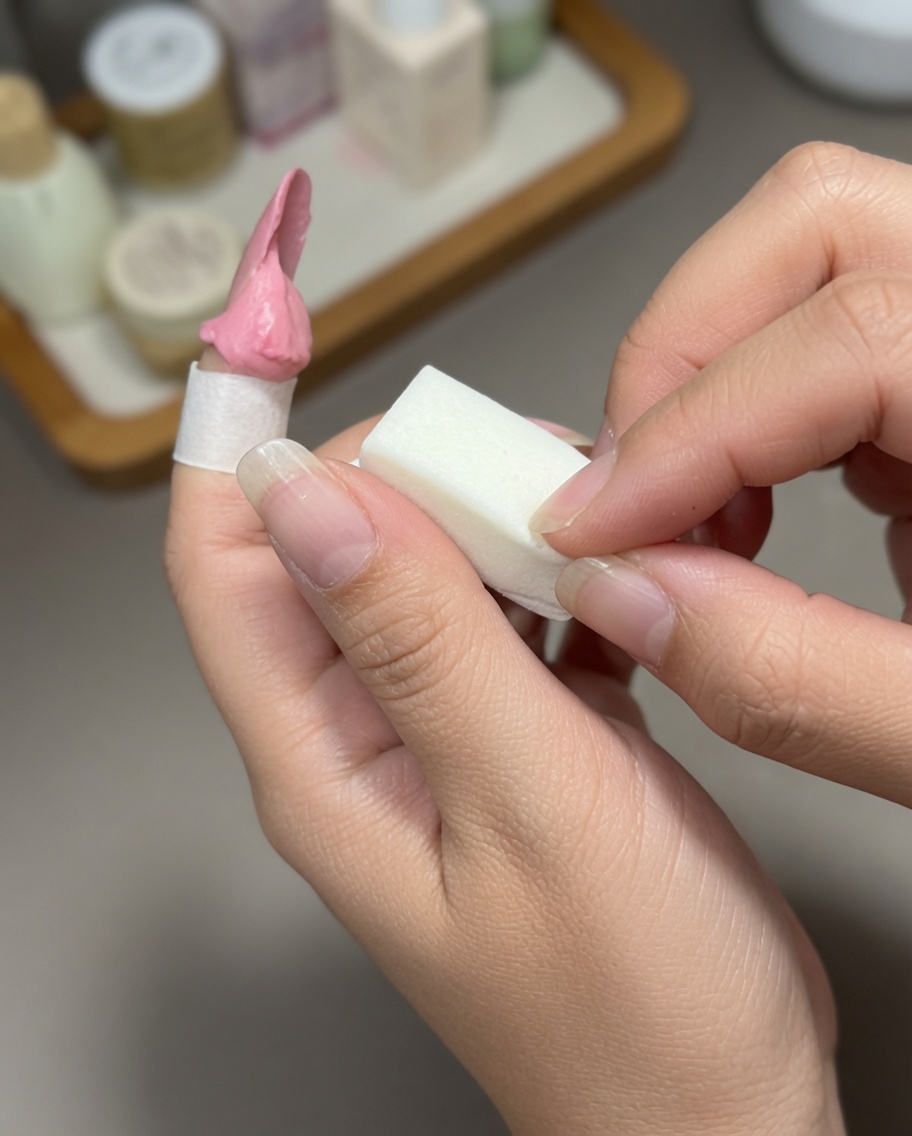 작은 스펀지 블록으로 네일에 핑크 젤을 두드려 그라데이션을 만드는 모습.