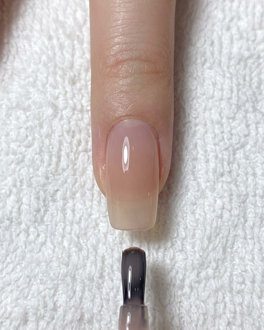 깨끗하게 케어된 자연 네일에 시어한 누드톤 젤 베이스 코트를 칠하는 네일 브러시.