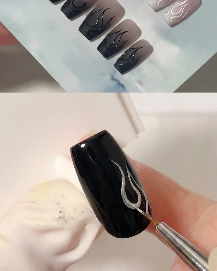 세필 브러시로 불꽃 디자인의 오른쪽을 형성하는 두 번째 곡선 블랙 라인을 추가하는 모습.