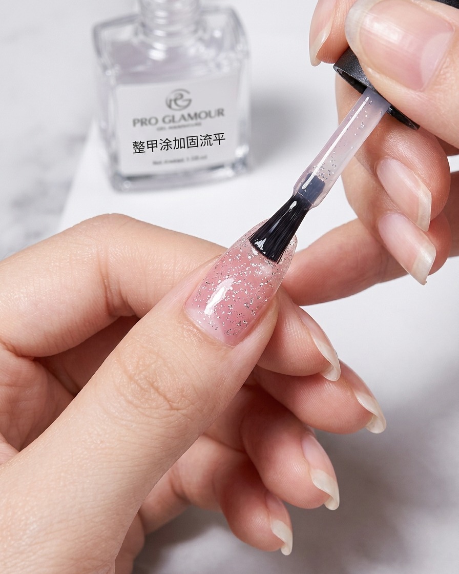 완성된 네일 디자인 위에 클리어 탑 코트를 발라 매끄럽고 광택 있는 표면을 만드는 모습.