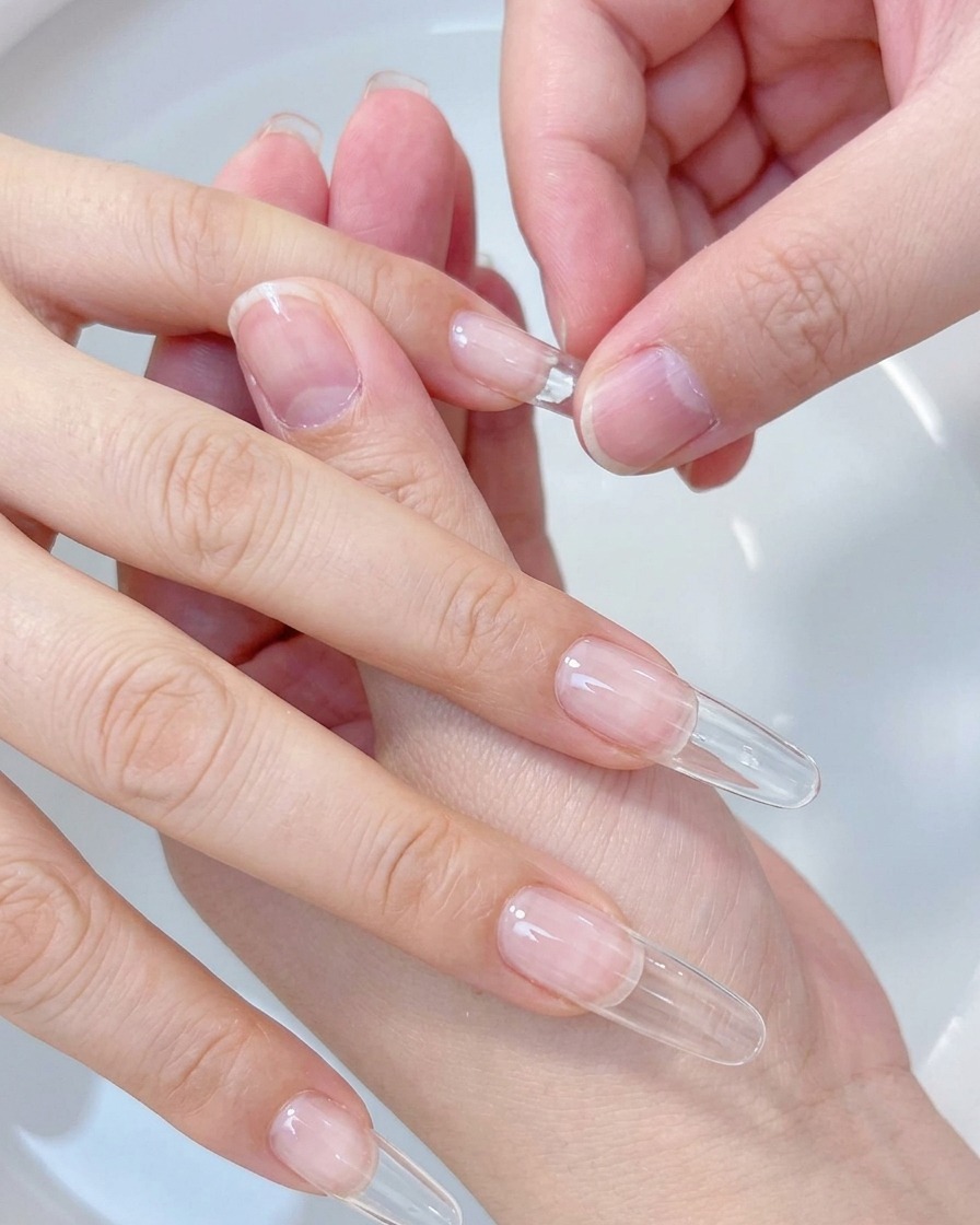 투명한 풀커버 젤 네일 팁을 자연 손톱 위에 대보고 적절한 크기인지 확인하는 클로즈업 사진.