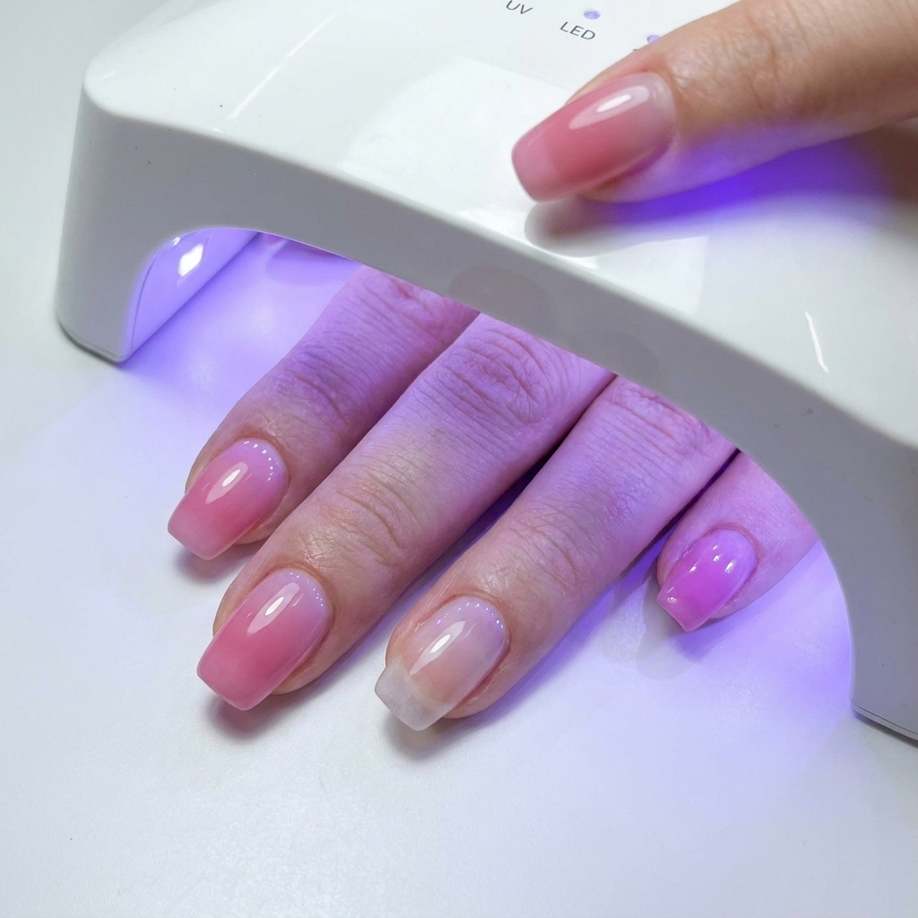 블루 라이트가 켜진 화이트 UV/LED 네일 램프 안에서 젤을 큐어링하는 모습.