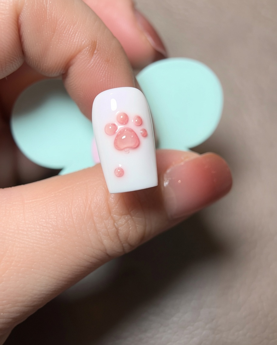 화이트 베이스 네일과 3D 발바닥 디자인이 있는 손톱을 화이트 플로킹 파우더 통에 담그는 모습.