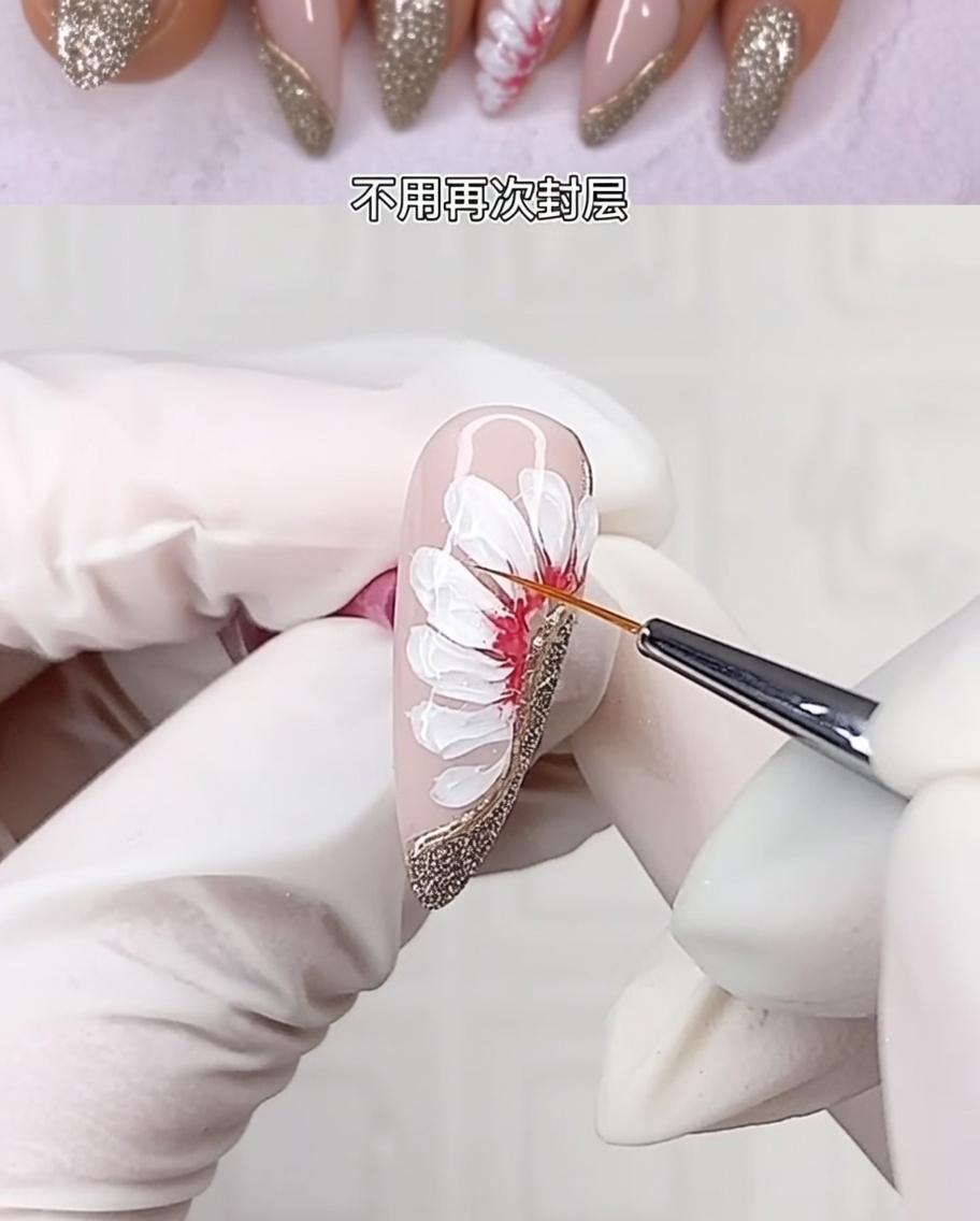 완성된 3D 플라워 네일 아트를 램프에서 최종 경화하는 모습.