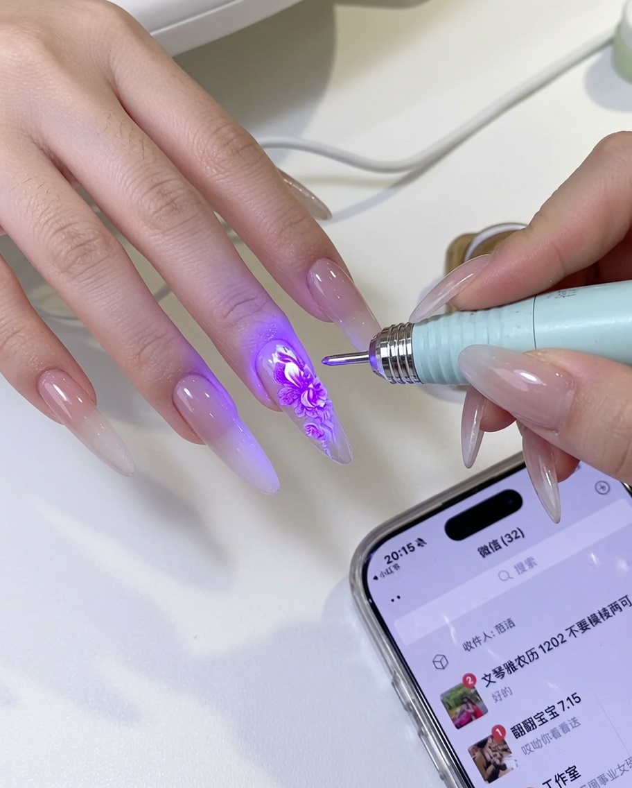 핸드 페인팅이 완성된 손톱을 UV 네일 램프의 보라색 불빛 아래에서 경화하는 모습.