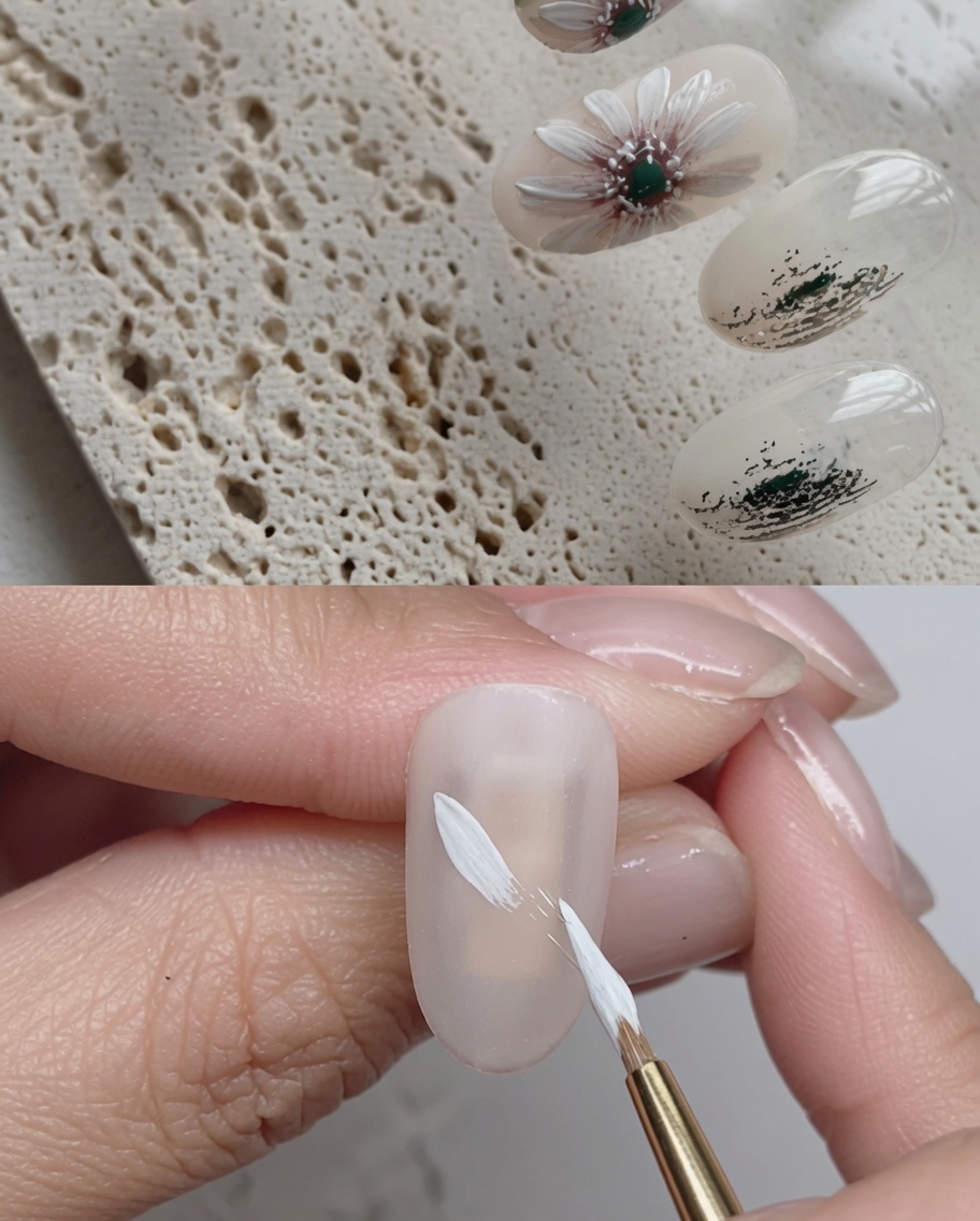 기존 데이지 꽃잎 위에 하이라이트 스트로크를 더하는 근접 사진.
