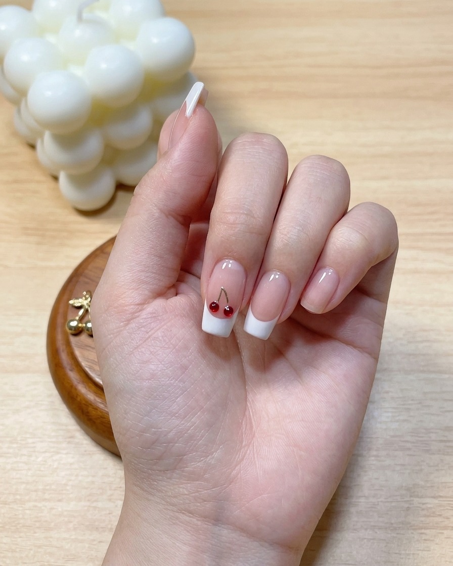 완전히 칠해진 화이트 프렌치 팁을 경화하기 위해 UV/LED 네일 램프 안에 넣은 손.
