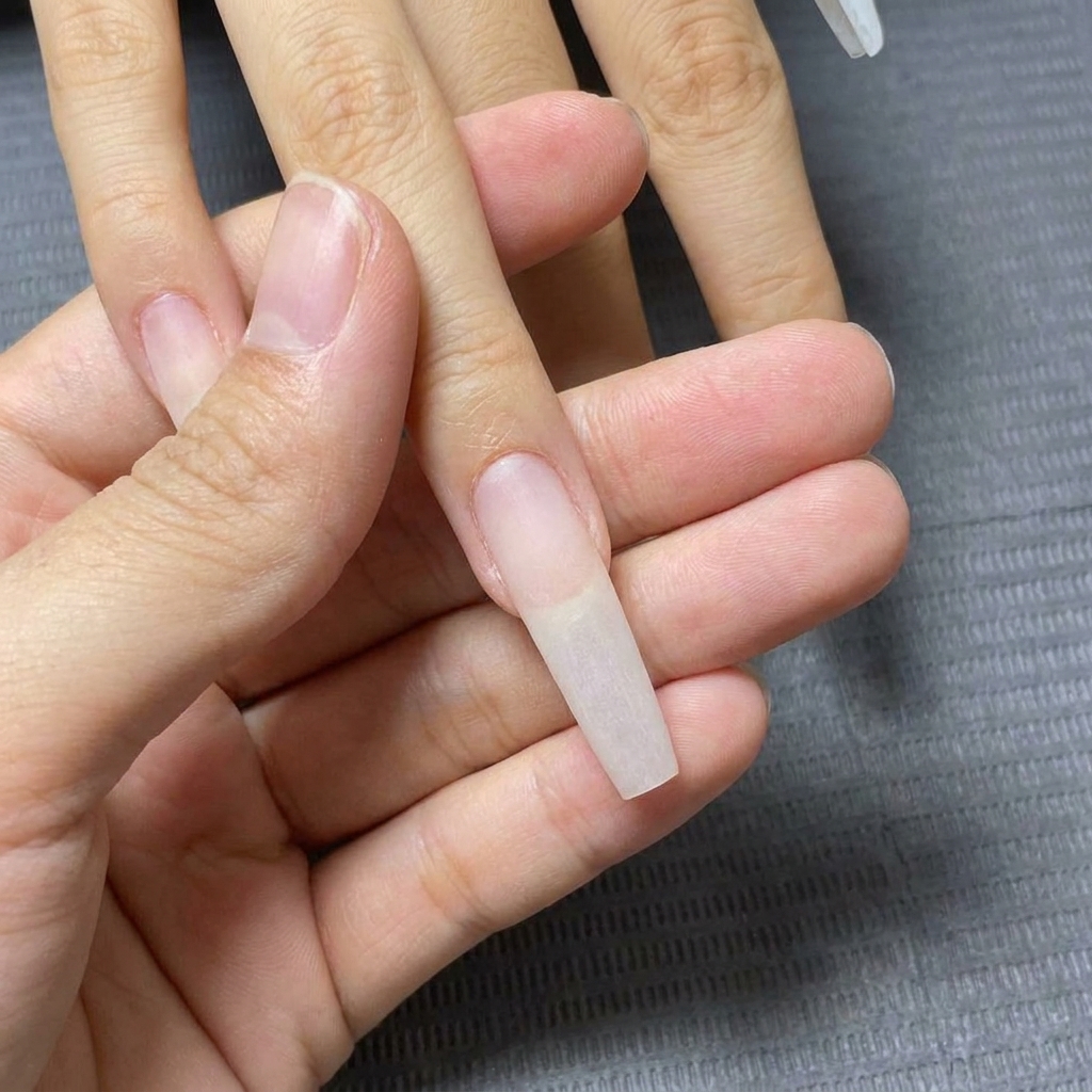 매끄럽고 균일한 질감을 보여주는 무광으로 버핑된 긴 아크릴 또는 젤 네일 연장의 클로즈업 뷰.