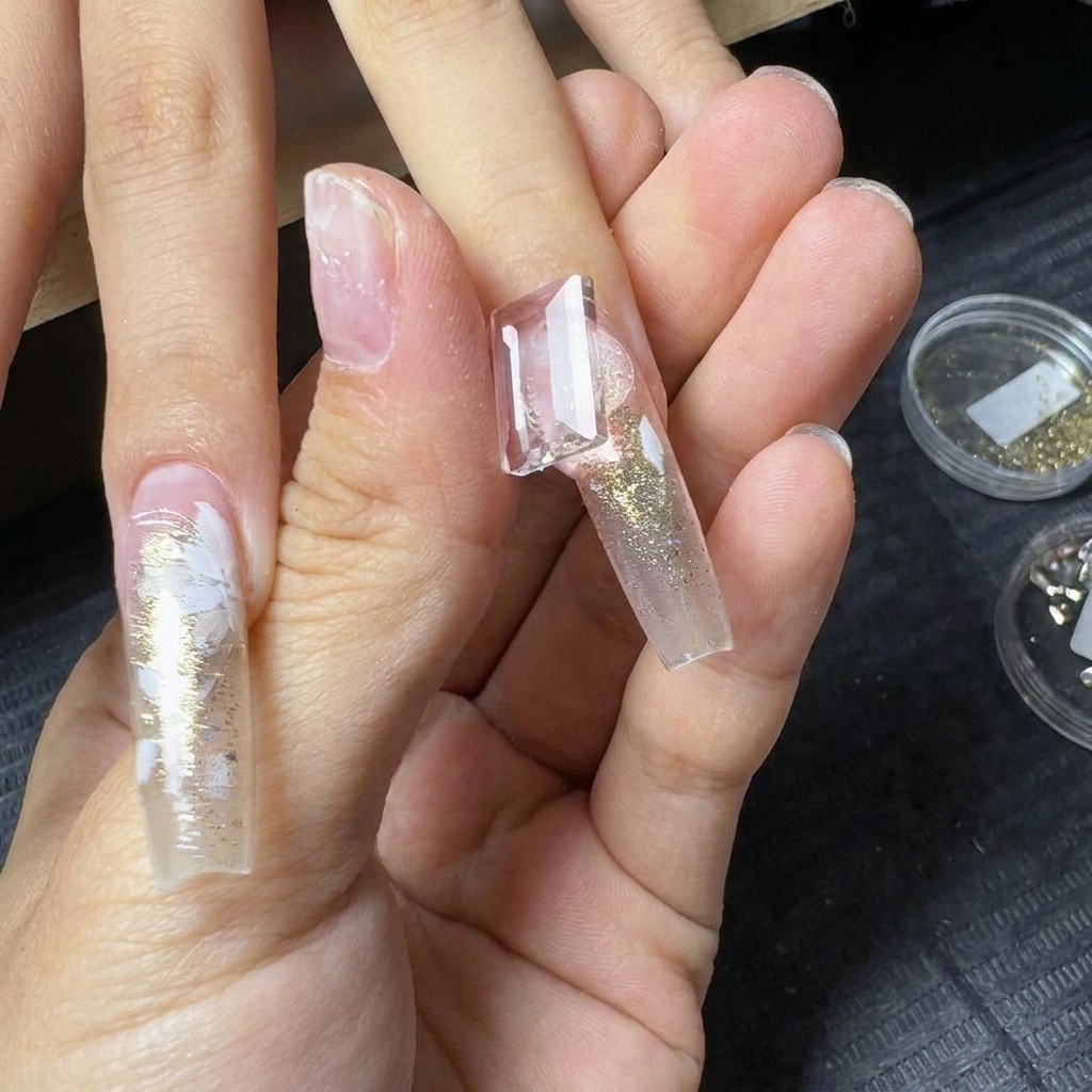 핀셋으로 큐티클 부위 근처에 커다란 직사각형 투명 보석을 올리는 모습.
