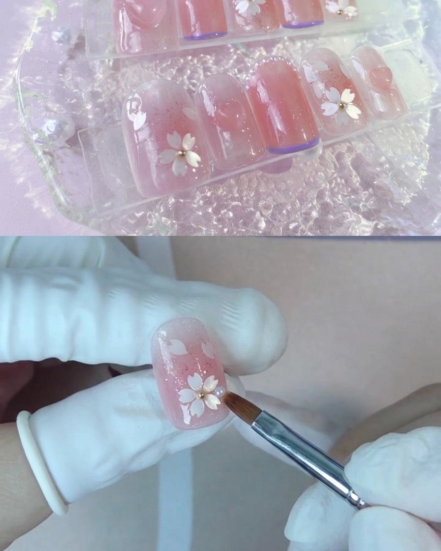 손톱에 누드 피치 젤 폴리시를 두 번째로 덧바르는 브러시.
