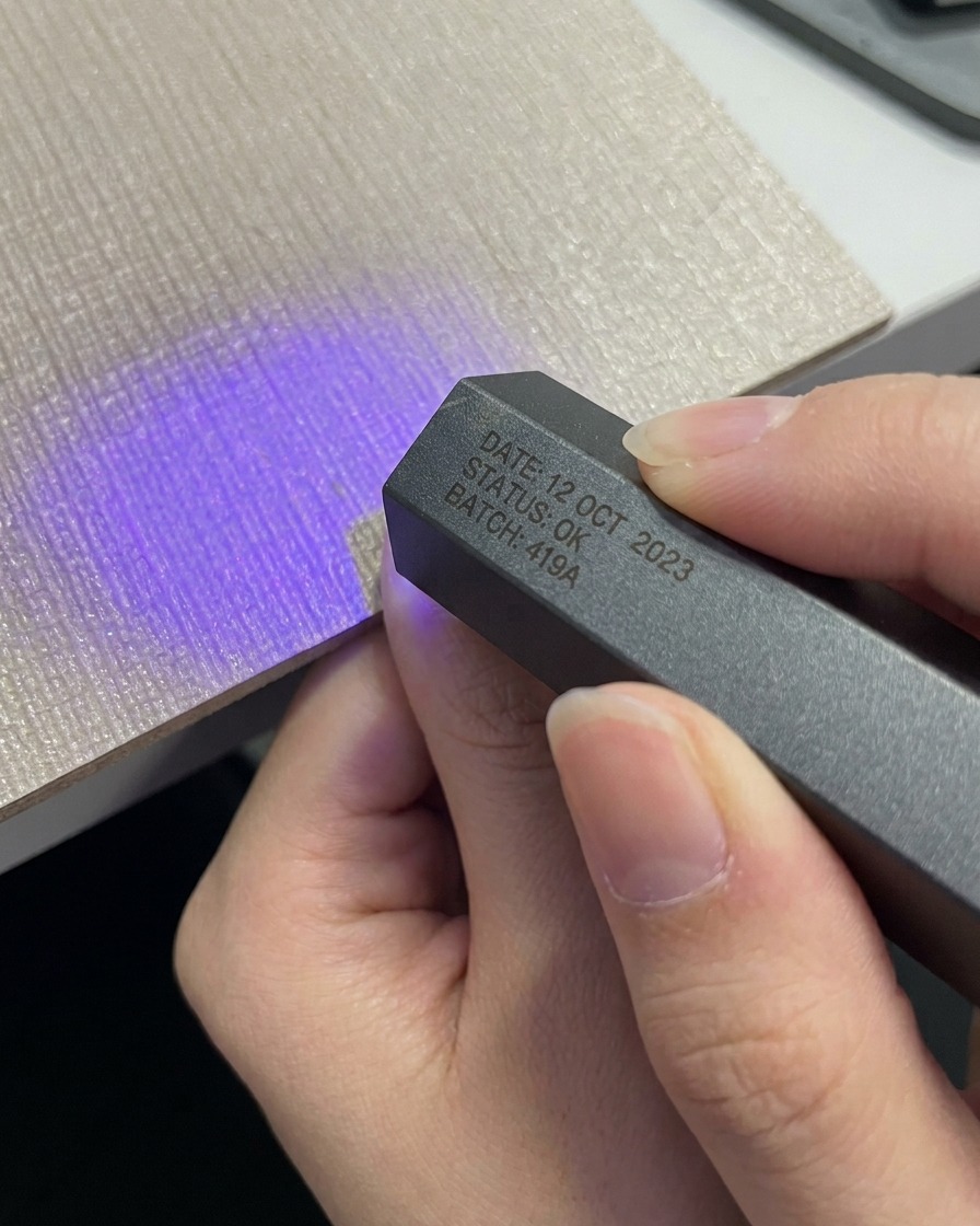휴대용 그레이 포터블 UV LED 램프 아래에 엄지손가락을 넣고 큐어링하는 손.