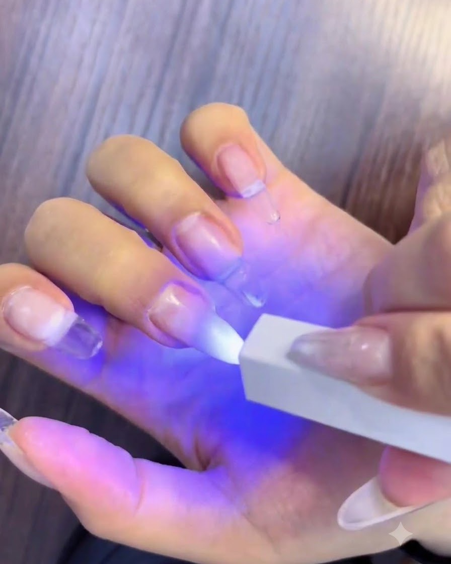 휴대용 UV LED 램프 아래에서 화이트와 핑크 그라데이션 네일을 굽고 있는 손.