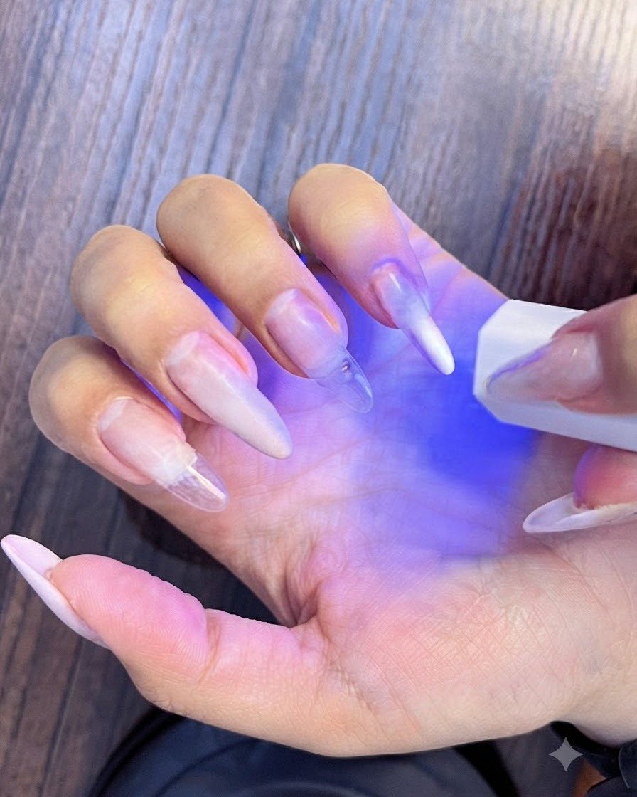 젤 도포를 단단히 고정하기 위해 미니 UV LED 램프에 네일을 굽는 모습.