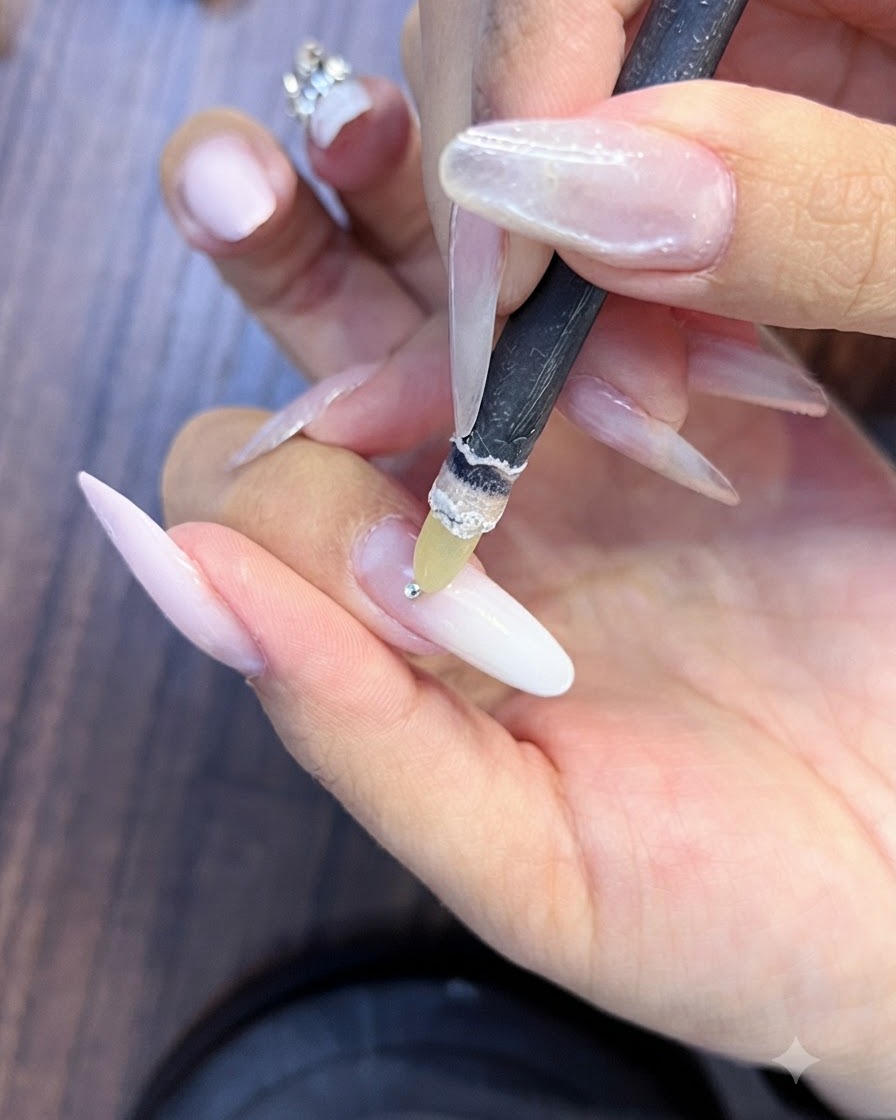 왁스 픽업 펜슬 툴이 미리 준비된 핑크와 화이트 그라데이션 네일 위에 아주 작은 실버 라인스톤을 들고 있는 모습.