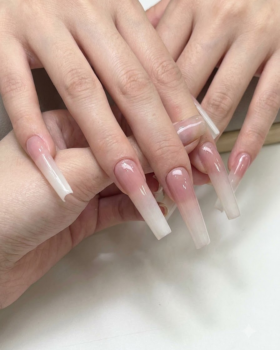은은한 진주 빛 문라이트 광채가 도는 완성된 그라데이션 연장을 선보이는 두 손.