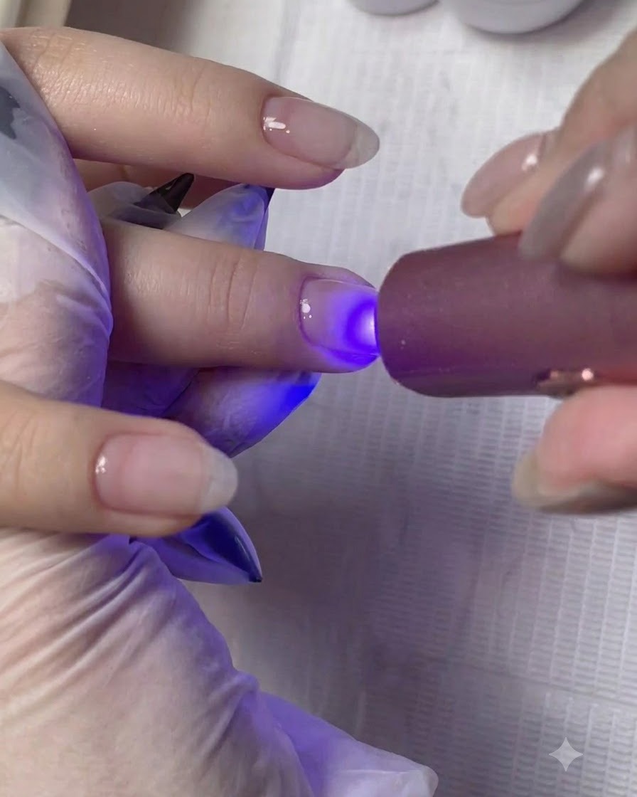 손톱의 빌딩 젤 층을 UV/LED 램프에 넣어 경화시키는 모습.