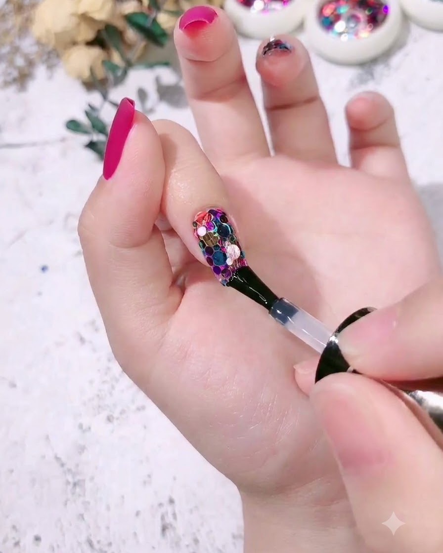 컬러풀한 둥근 네일 스팽글로 장식된 검지 손톱 위에 투명하고 광택 나는 탑 코트를 바르는 브러시.
