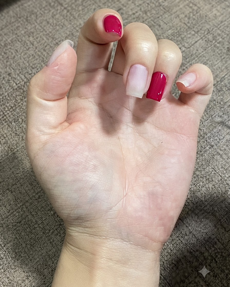 손가락 큐티클 부근에 투명한 익스텐션 젤이 작고 정밀하게 한 방울 얹혀진 클로즈업 뷰.