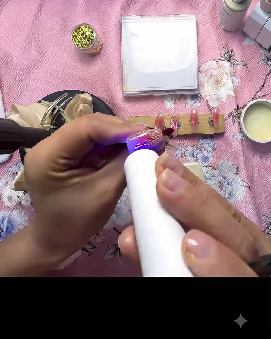 미니 UV/LED 램프로 데코된 네일의 작은 3D 포인트 도트를 경화하는 모습.