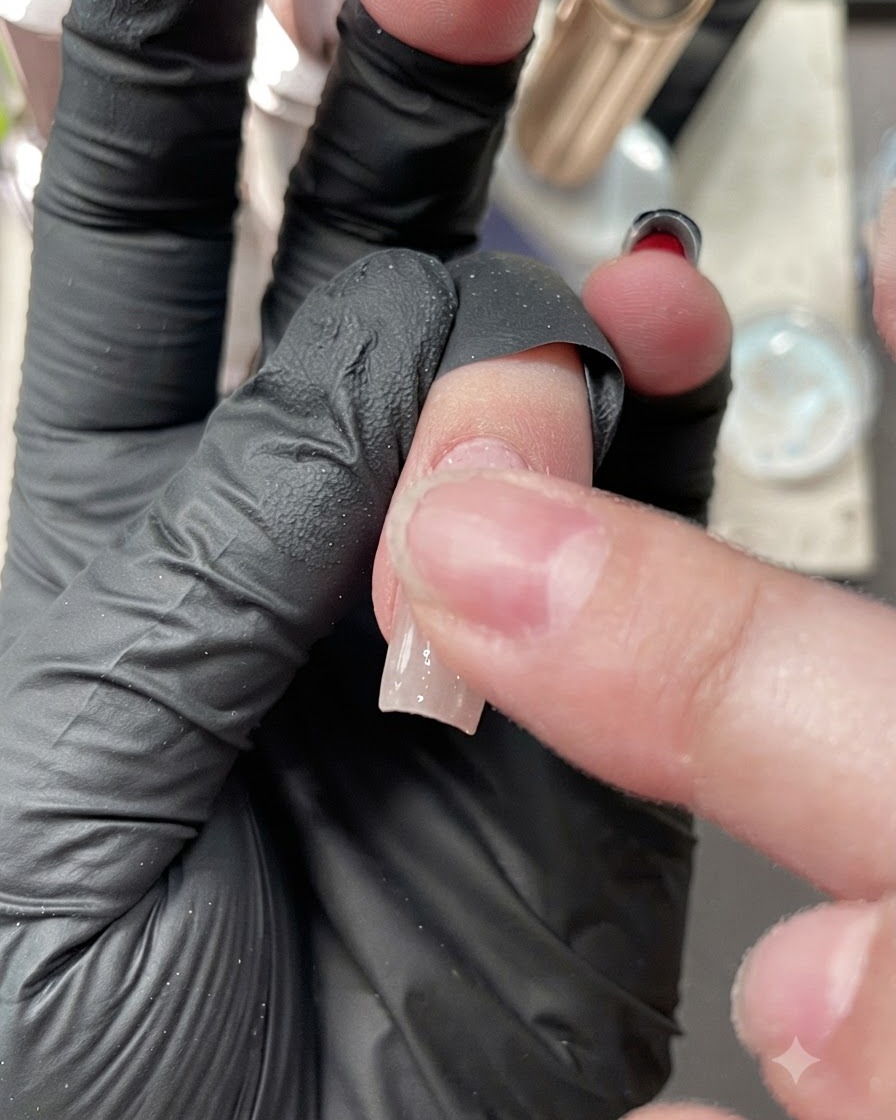 장갑을 낀 손가락으로 믹스된 오로라 파우더를 폴리싱된 손톱 표면에 문지르는 모습.