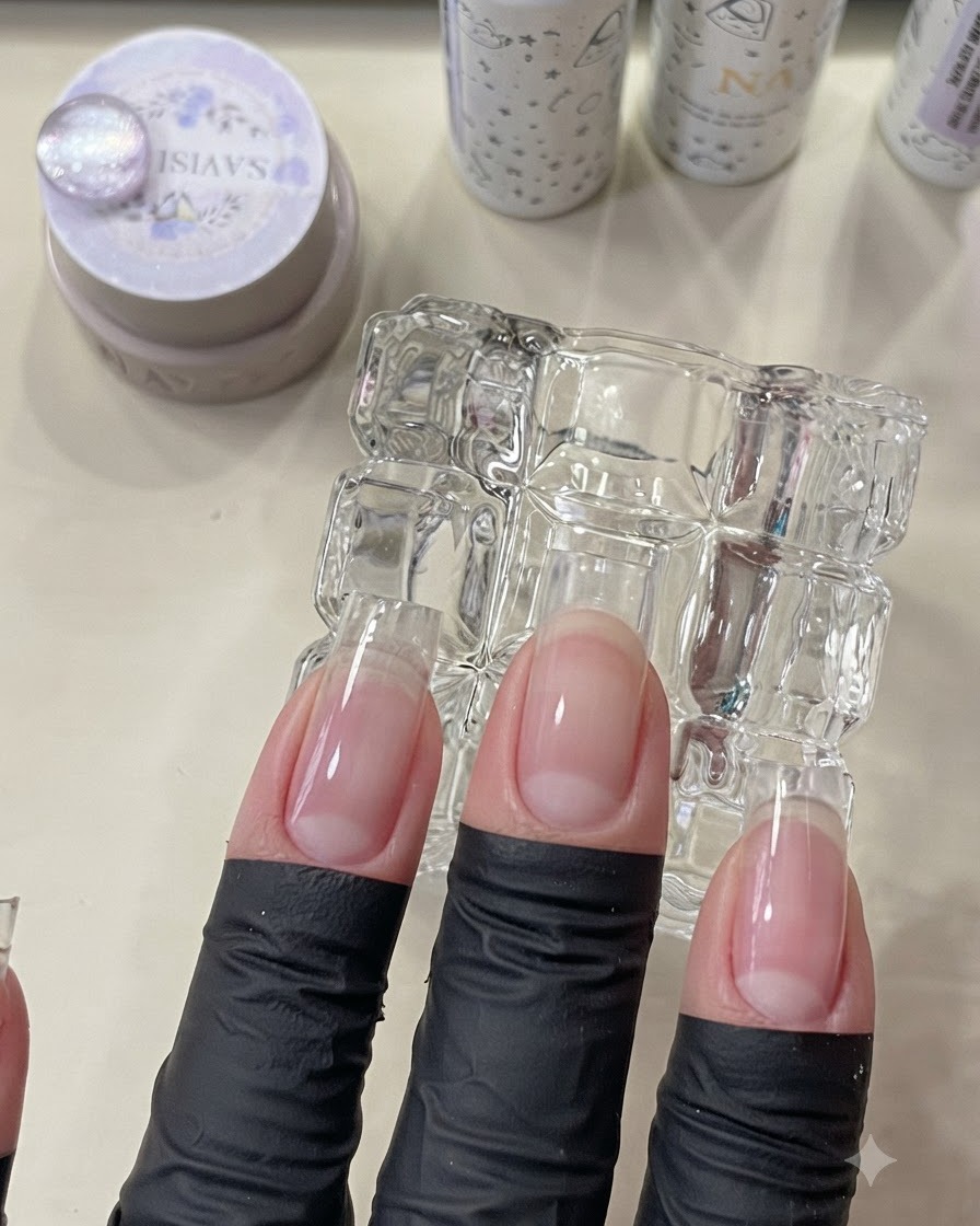 UV/LED 미니 램프 아래에 손가락을 위치시켜 베이스 코트 층을 큐어링하는 모습.