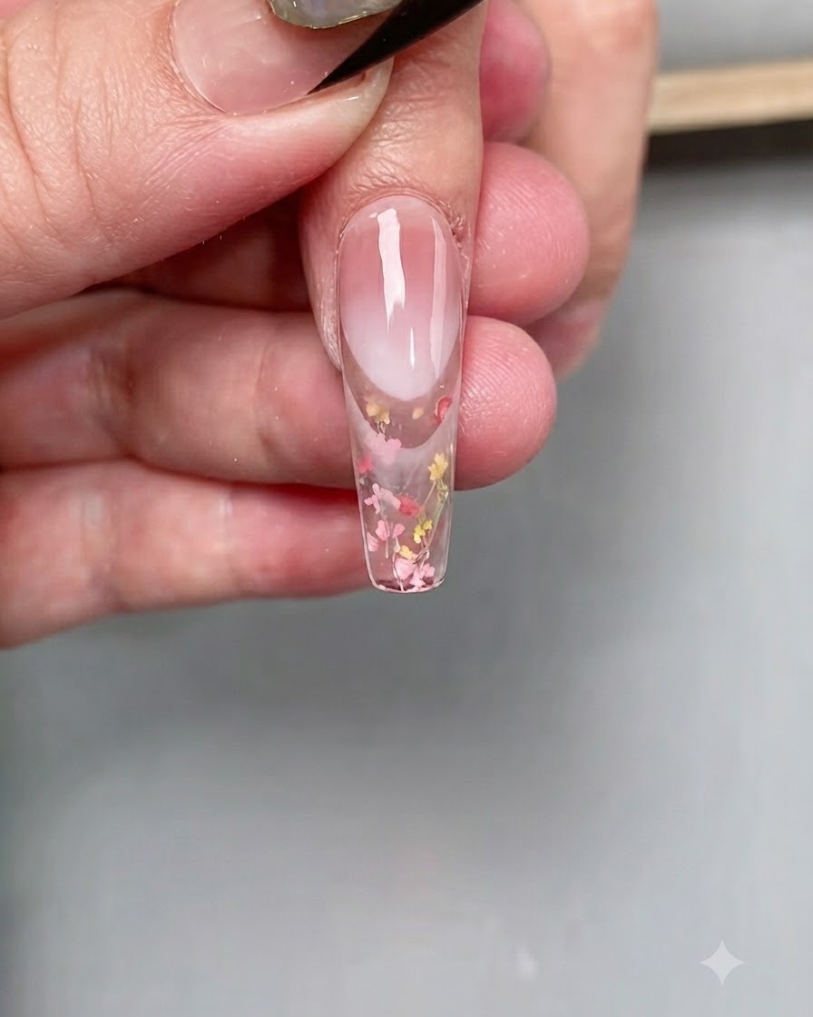 팁의 탑 코트를 세팅하기 위해 전문 UV/LED 큐어링 램프 아래에 위치한 네일.