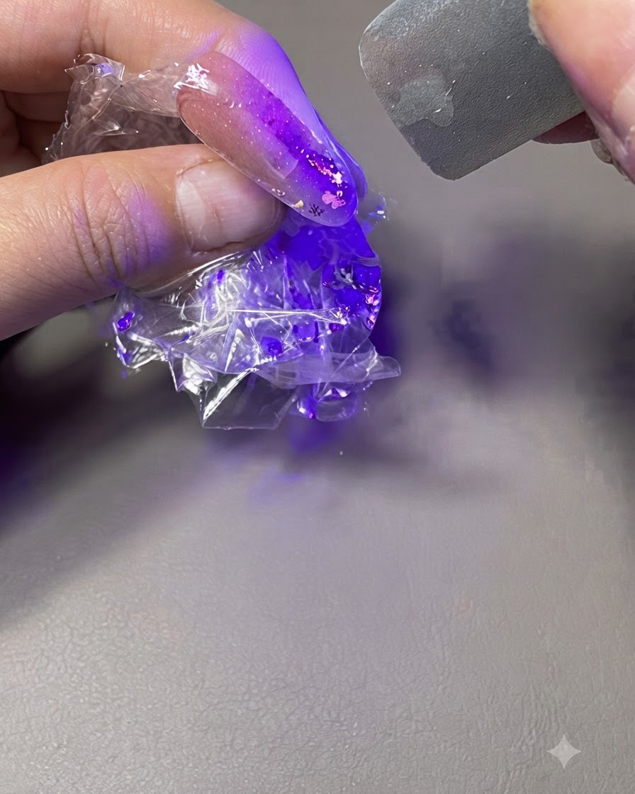 랩으로 감싼 손톱을 보라색 UV/LED 경화 램프 아래에서 들고 있는 모습.