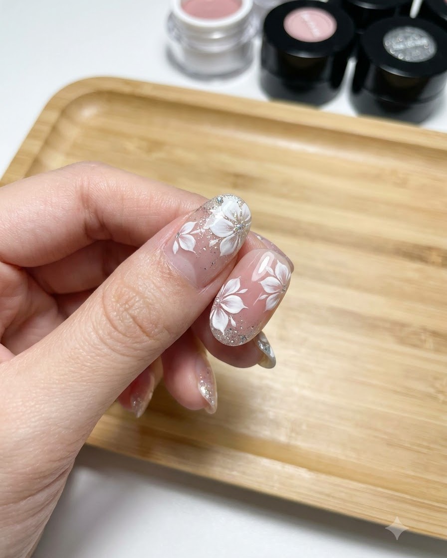 내추럴 젤 네일 위에 그려진 화이트 꽃의 중심에 세필 디테일링 브러시로 작은 흰색 점들을 찍는 모습.