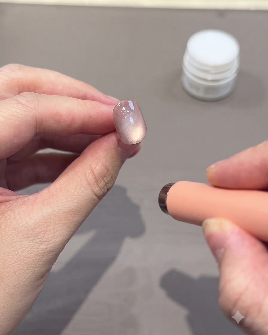 네일 팁의 두 번째 젤 레이어를 큐어링하고 있는 UV/LED 램프.