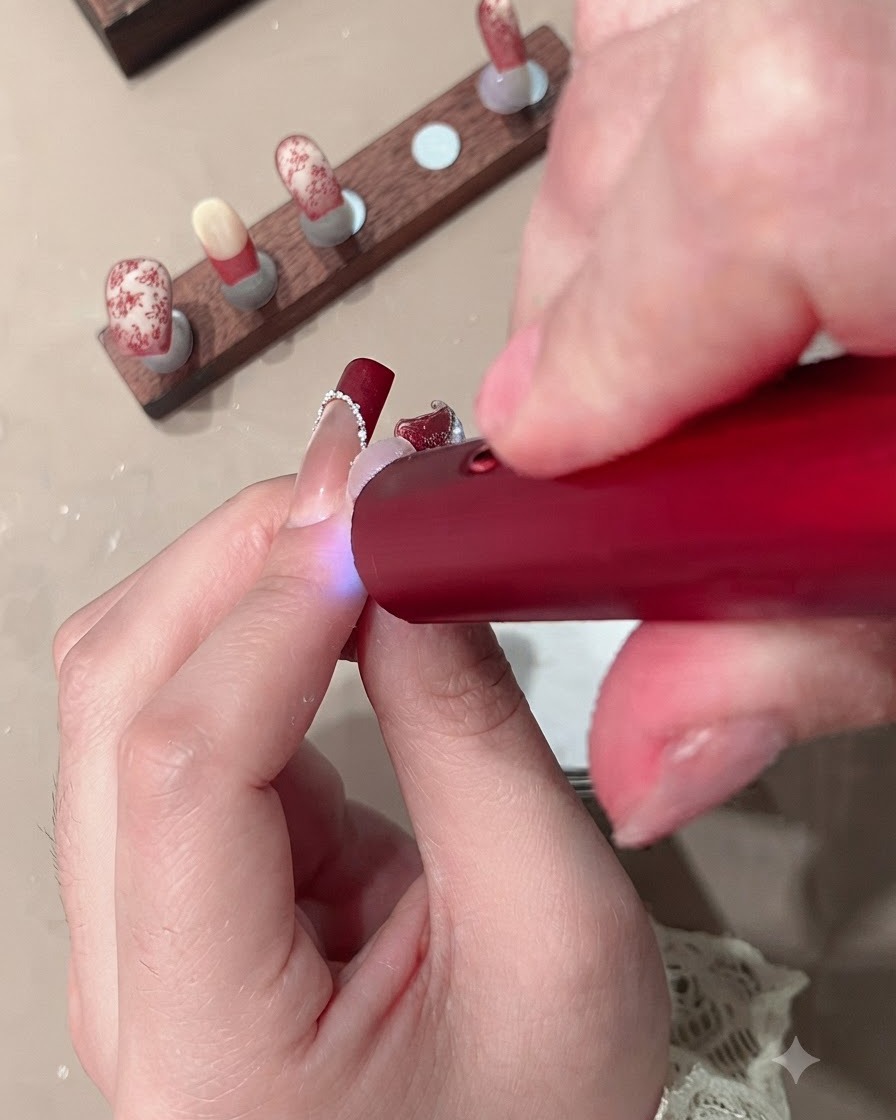 손톱의 젤 프렌치 팁을 큐어링하기 위해 레드 미니 UV 램프를 손톱 위에 들고 있는 클로즈업.