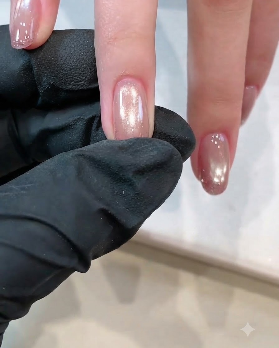 자석 도구를 네일 가까이 대어 자석젤 입자를 빛나는 줄무늬로 모아주는 모습.