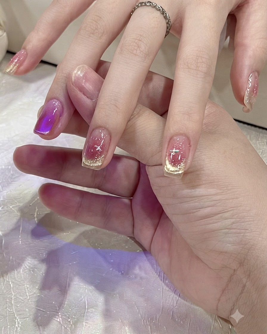 콤팩트한 미니 UV/LED 경화 램프 아래에 손가락이 위치한 모습.