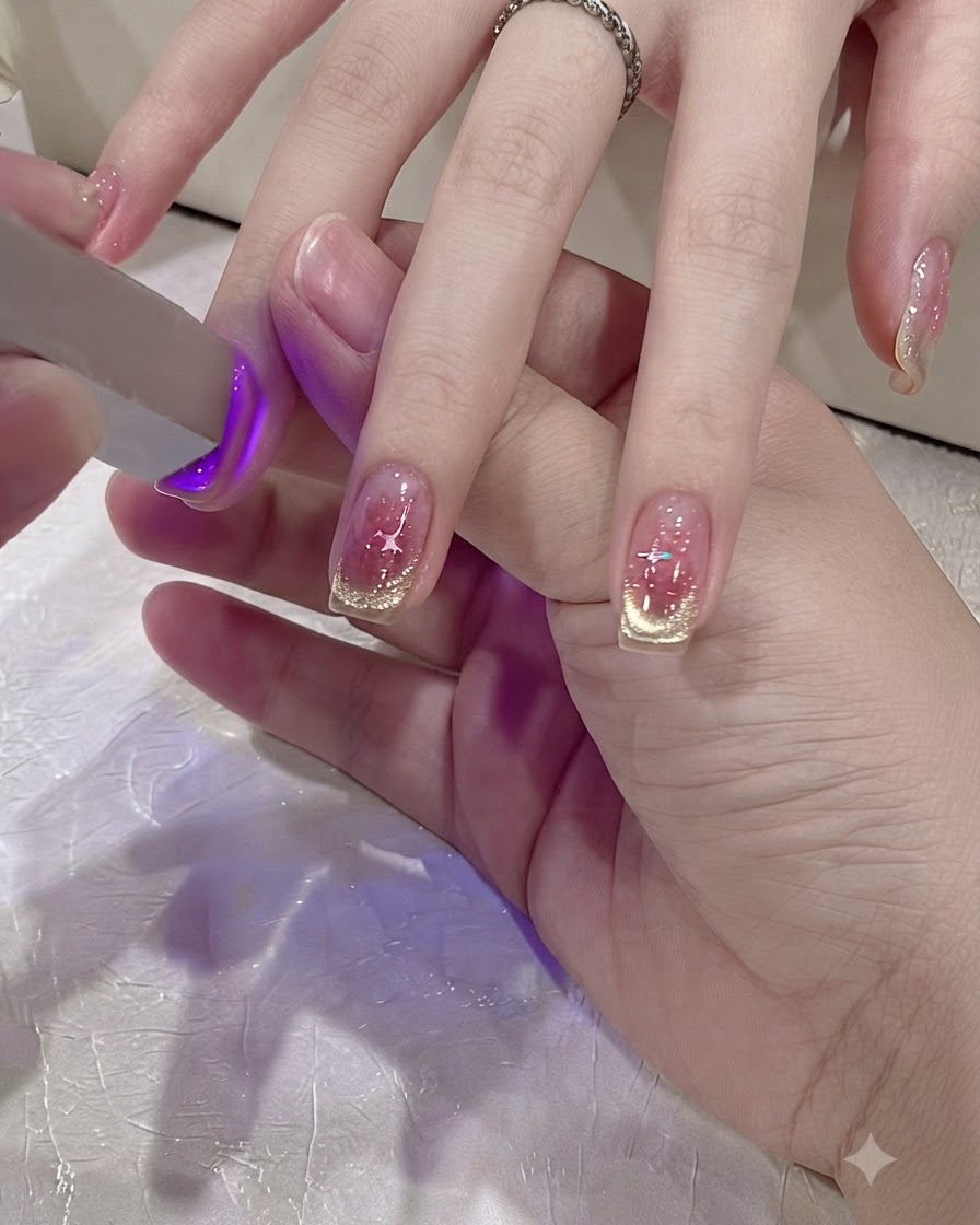 매니큐어가 된 손가락의 탑 코트를 미니 UV LED 램프로 경화하는 모습.