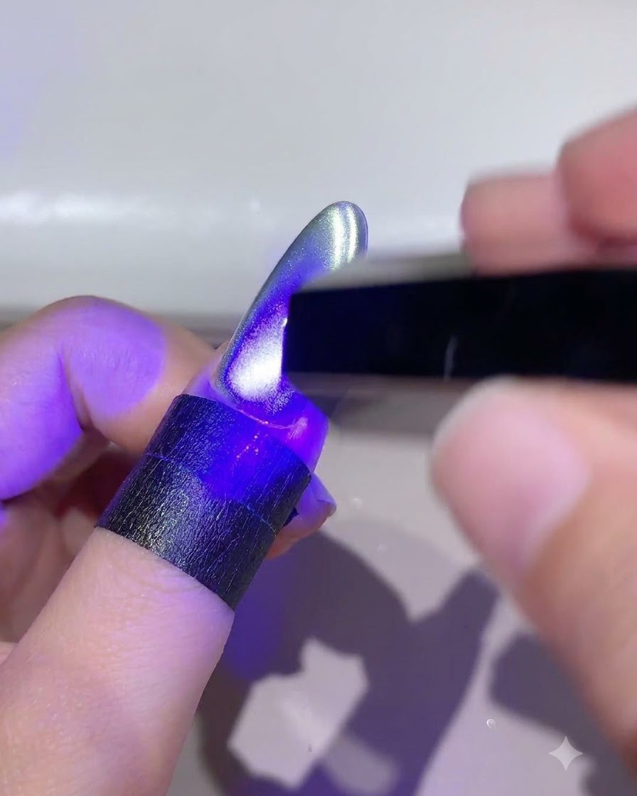 스타일링된 캣아이 젤 네일을 UV LED 램프에 넣고 경화시키는 모습.