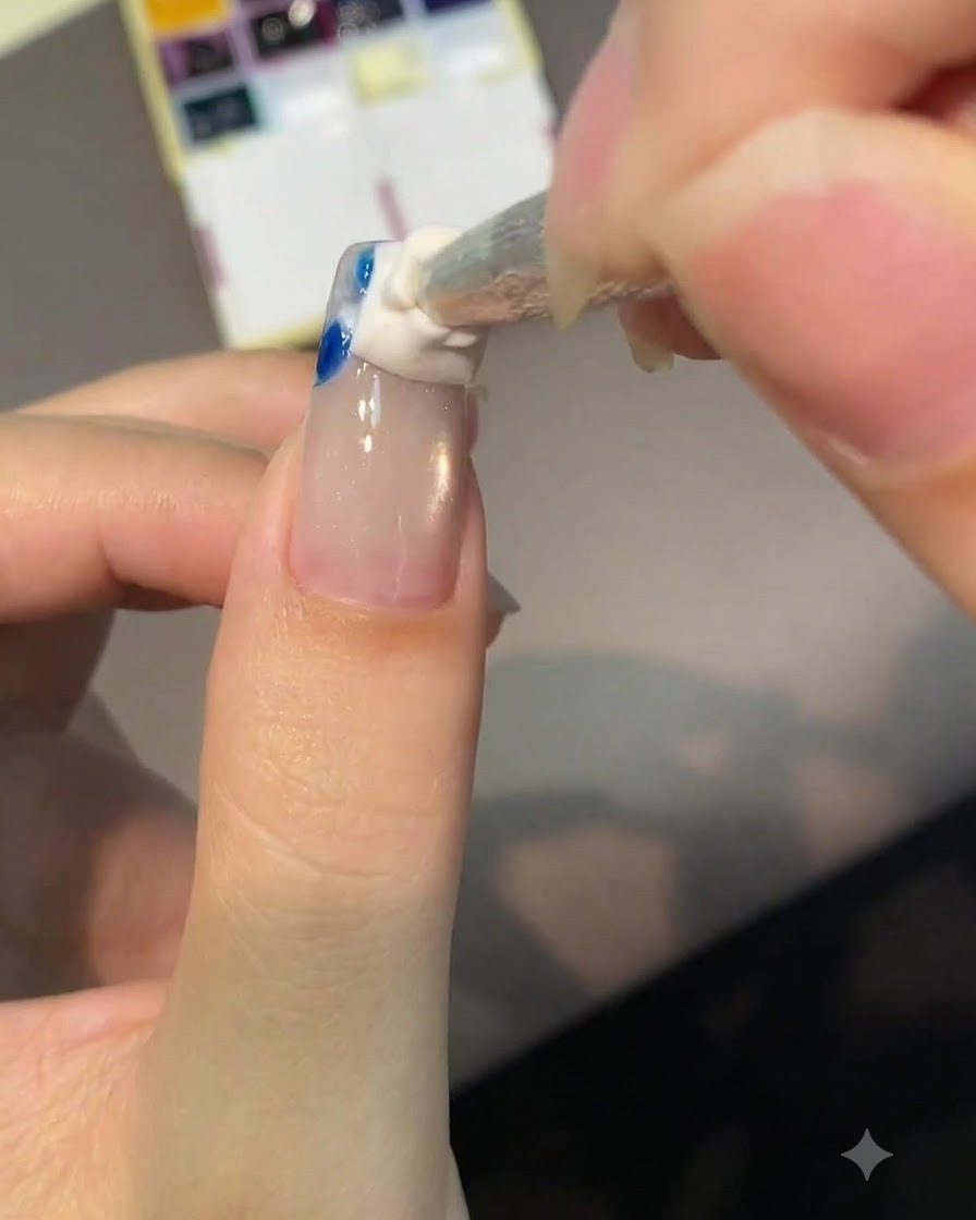 글래스 스펀지를 이용해 아몬드형 손톱 끝에 화이트와 블루 피그먼트를 부드럽게 톡톡 두드려 바르는 모습.