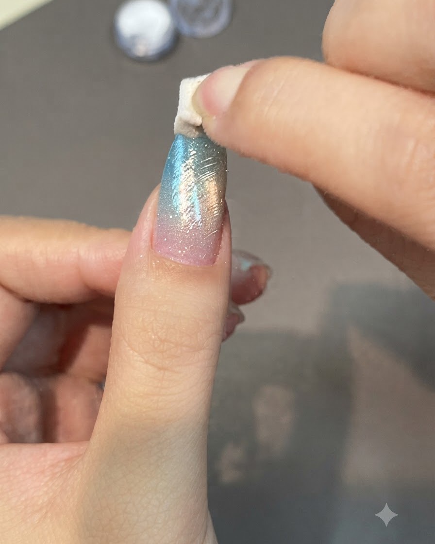 스펀지 어플리케이터를 이용해 텍스처가 살아있는 블루 및 핑크 그라데이션 손톱에 빛나는 크롬 파우더를 문지르는 모습.