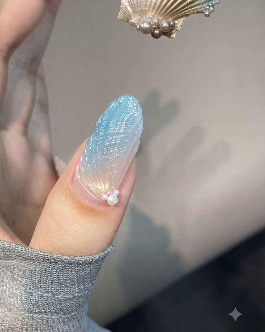 병에 든 젤이 담긴 파인 라이너 브러시를 텍스처 네일 가까이 대어 디테일한 쉘 라인을 그리는 모습.
