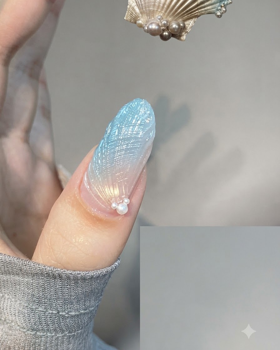 완성된 블루 쉘 텍스처 네일의 큐티클 부근에 작은 진주 장식들이 깔끔하게 부착되어 있는 클로즈업 샷.