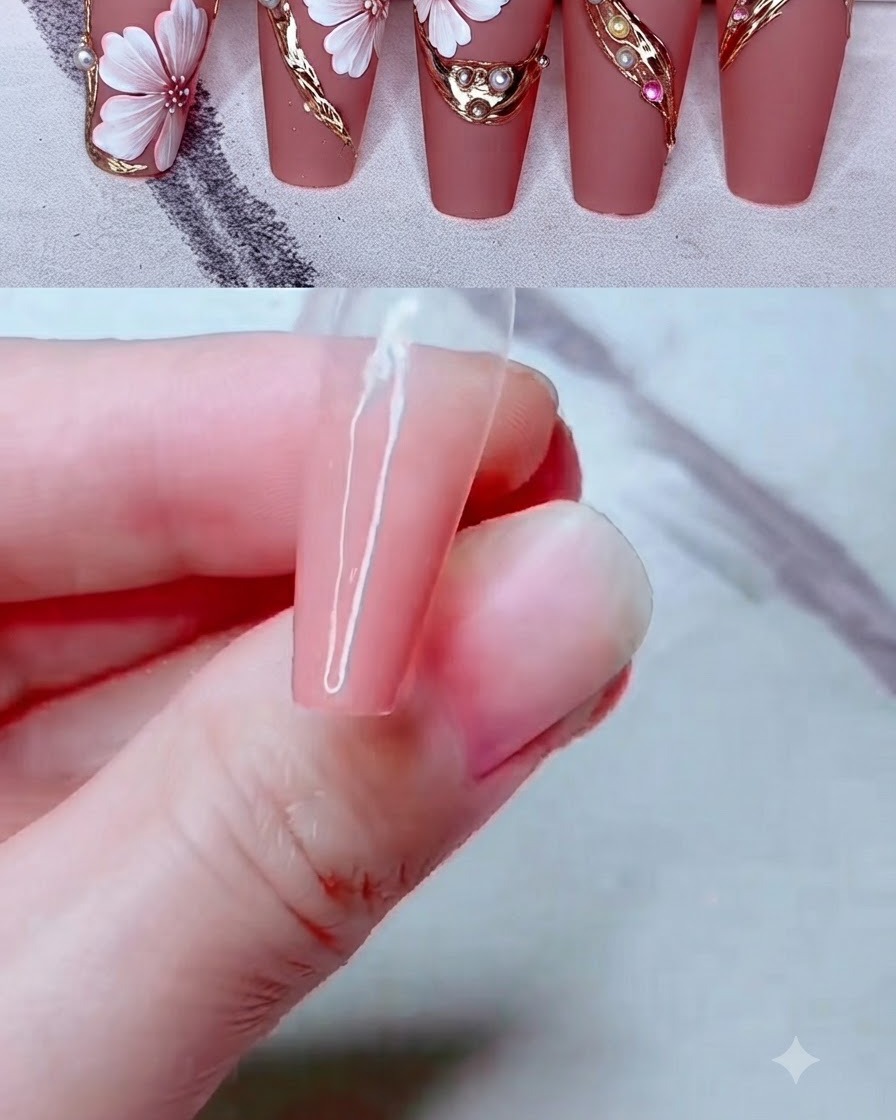 클리어 네일 연장 위에 네일 테크니션이 밀키 핑크 젤 컬러를 바르는 클로즈업 샷.