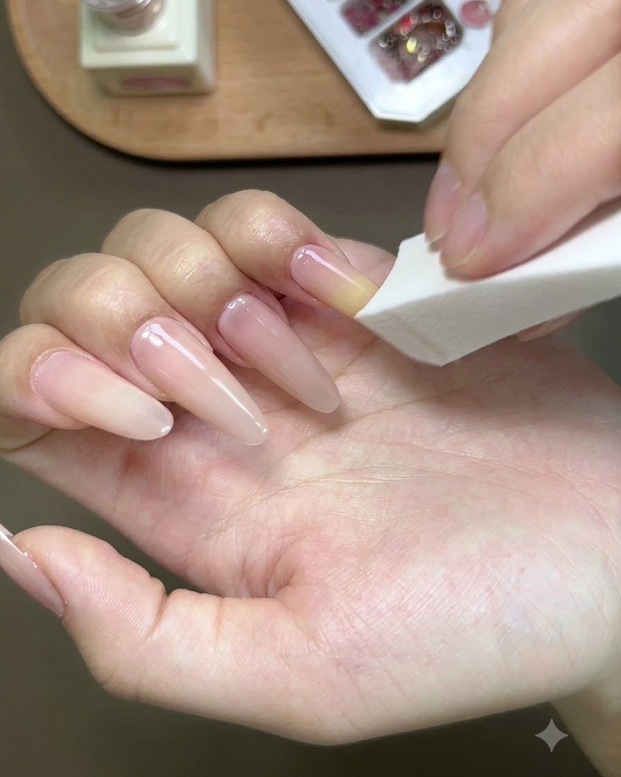 네일에 옴브레 블렌드를 만들기 위해 흰색 스펀지로 옐로우 젤 팁을 부드럽게 두드리는 모습.