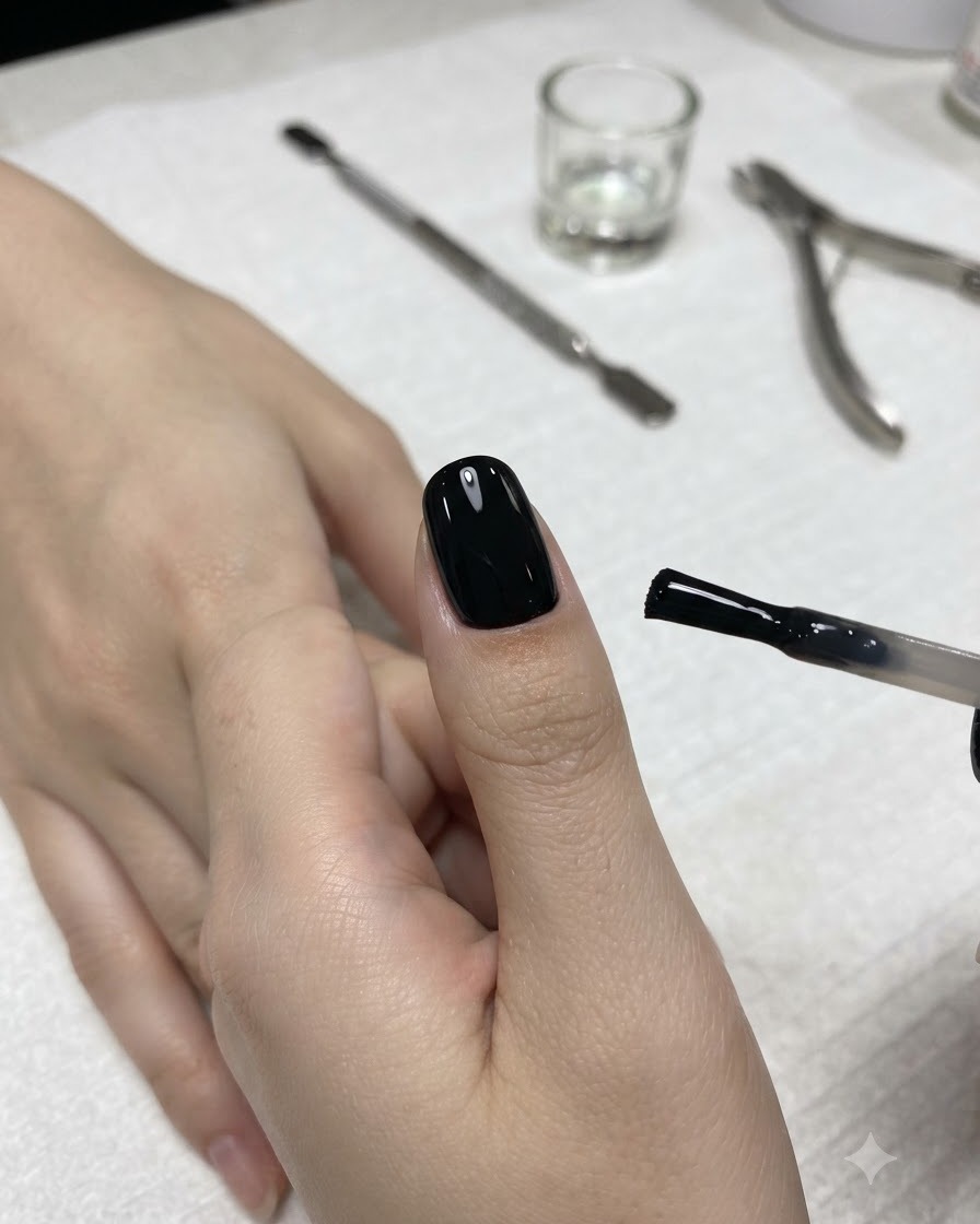 스폰지 블록을 사용하여 손톱에 발린 블랙 젤의 경계선을 자연스럽게 펴 바르는 모습.