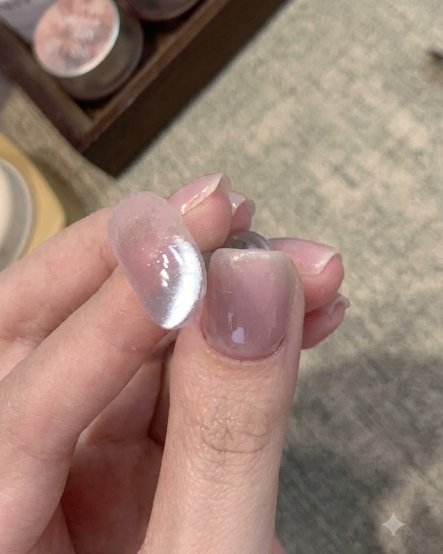 한쪽으로 블루 캣아이 쉬머가 집중된 투명 네일 팁의 클로즈업 샷.