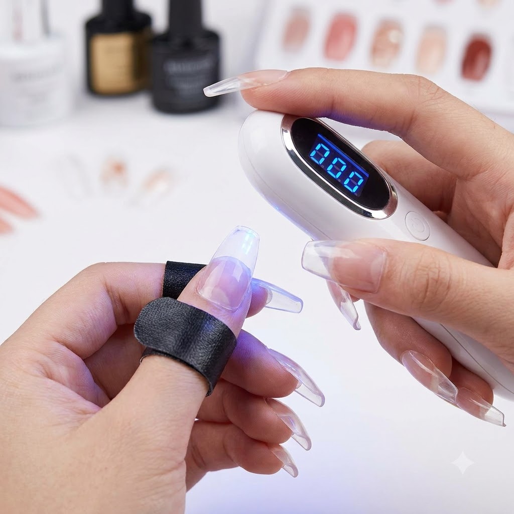 핸드held 미니 UV/LED 램프로 장식된 네일 세트를 큐어링하는 모습.