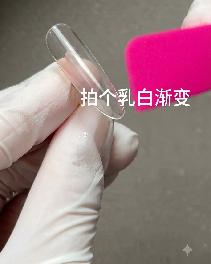 장갑을 낀 손이 프레임에 중국어 텍스트가 오버레이된 핑크 스펀지 옆에서 투명한 네일 디스플레이 팁을 들고 있는 모습.