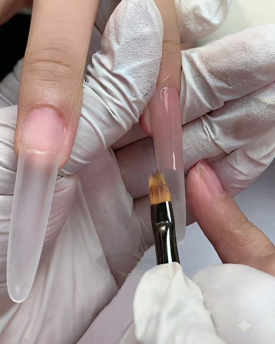 롱 연장 네일에 묻은 젖은 누드 젤의 아랫부분을 깨끗한 플랫 그라데이션 브러시로 펴 바르는 모습.