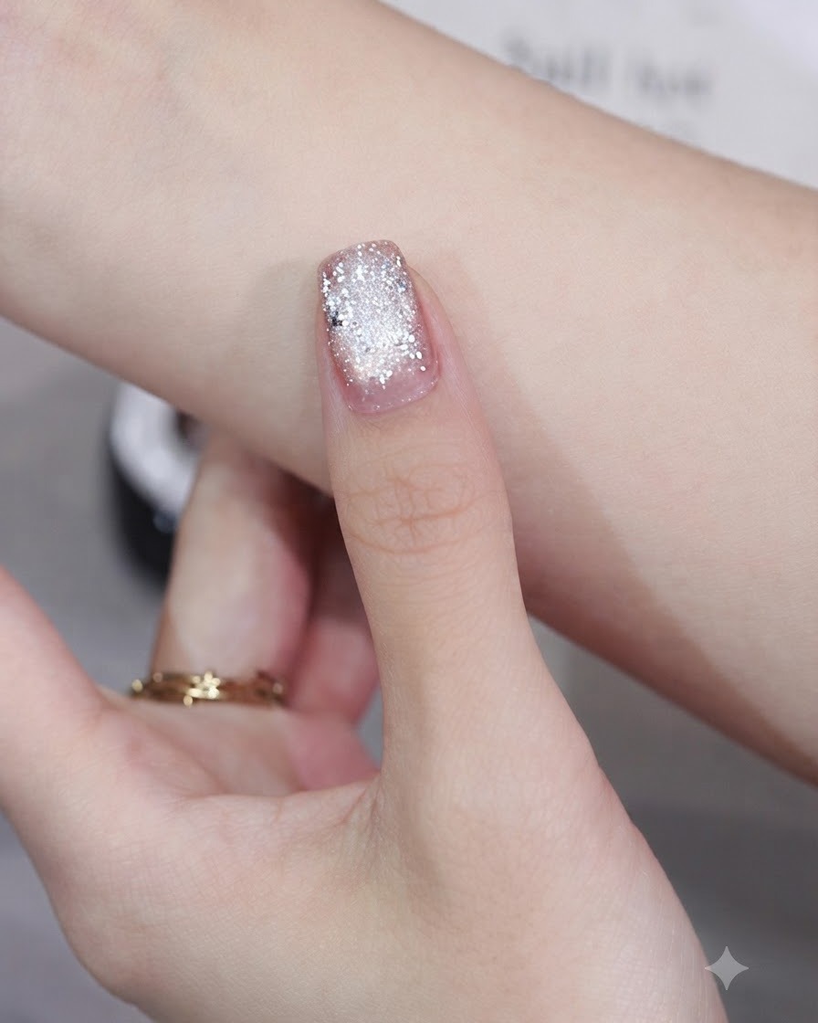 원형 스틸 자석이 왕복 운동을 수행하며 손톱 위에 선명한 글래스 비드 빛 라인을 만드는 모습.